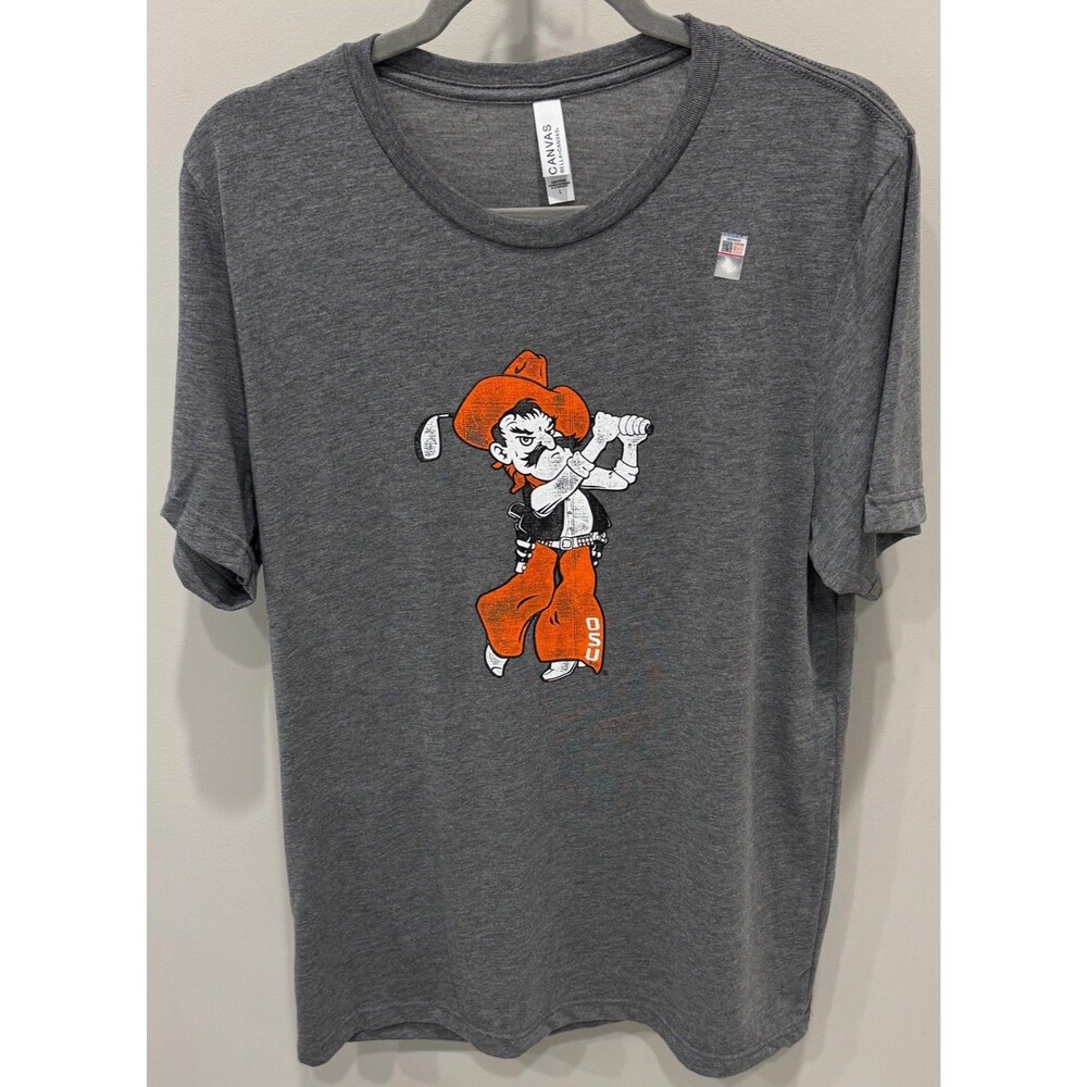 NEW - Oklahoma State Cowboys Pistol Pete Golfing - Canvas T-Shirt - Men's Large